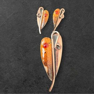 Vintage Matisse Renoir set brooch & Earrings enamel copper leaf design